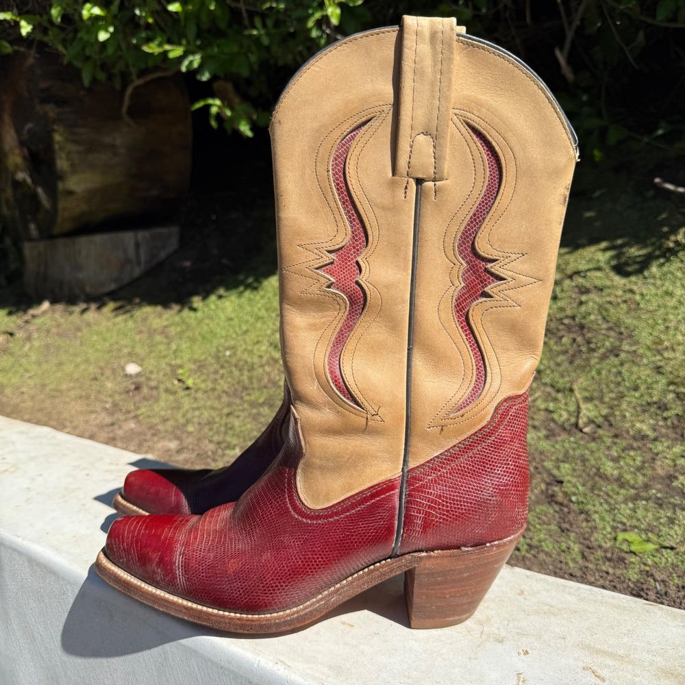 Frye Vintage Red Lizard Embossed Leather Western Cowboy Boots 9 B 1J01075 USA
